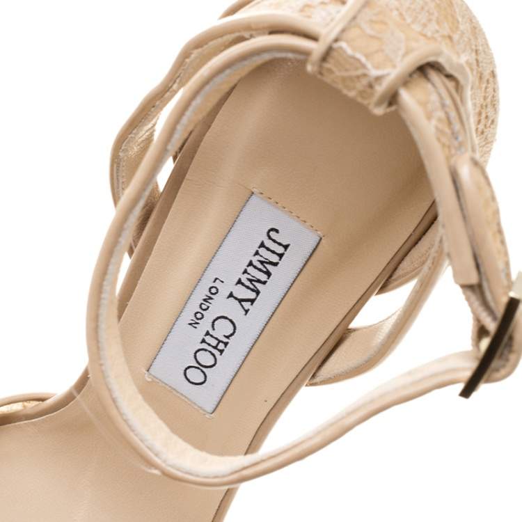 Pre Owned Jimmy Choo Beige Lace Kayden Ankle Strap Platform Sandals Size 40