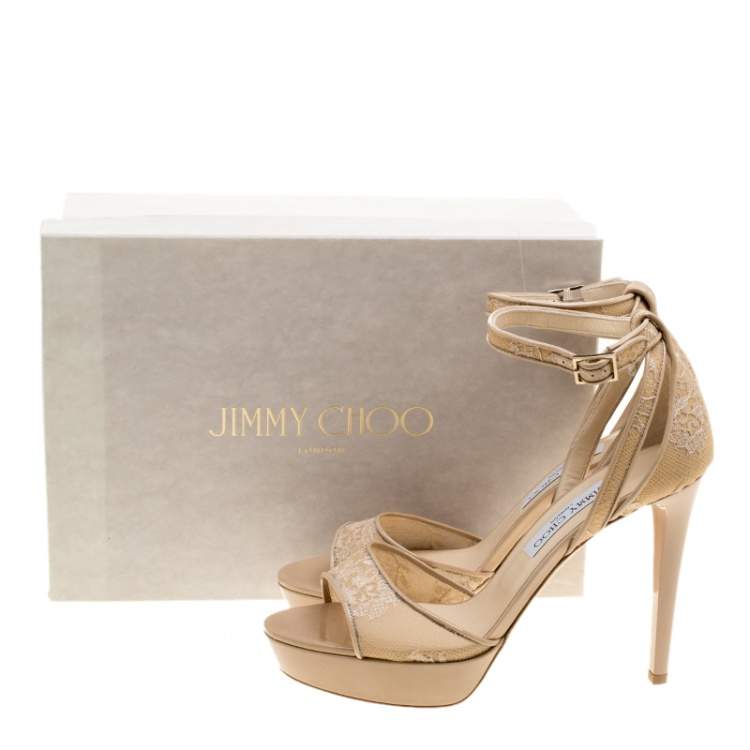 Pre Owned Jimmy Choo Beige Lace Kayden Ankle Strap Platform Sandals Size 40