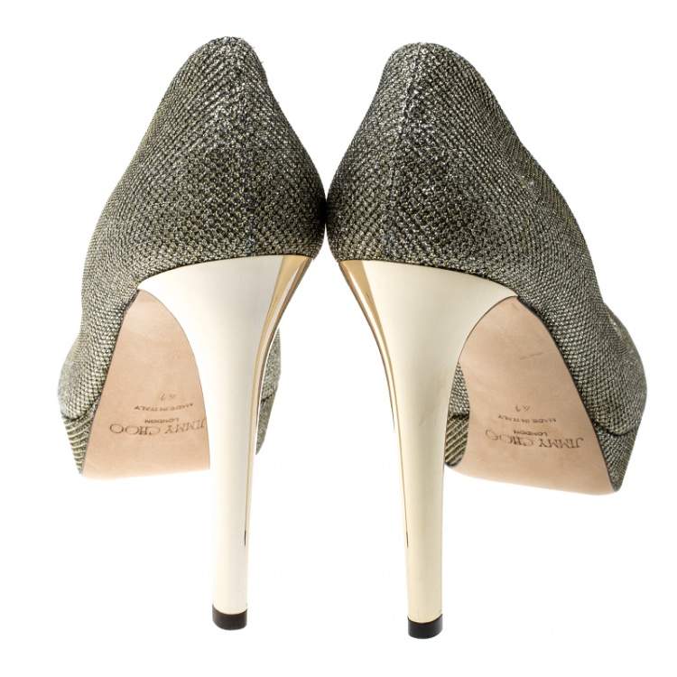 Pre Owned Jimmy Choo Metallic Light Bronze Lamè Glitter Fabric Dahlia Peep Toe Platform Pumps Size 41