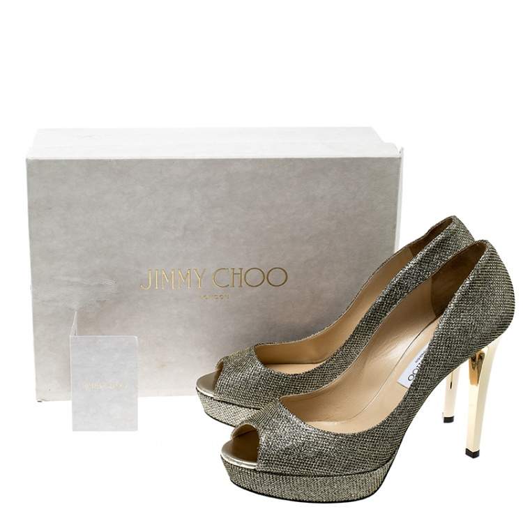 Pre Owned Jimmy Choo Metallic Light Bronze Lamè Glitter Fabric Dahlia Peep Toe Platform Pumps Size 41