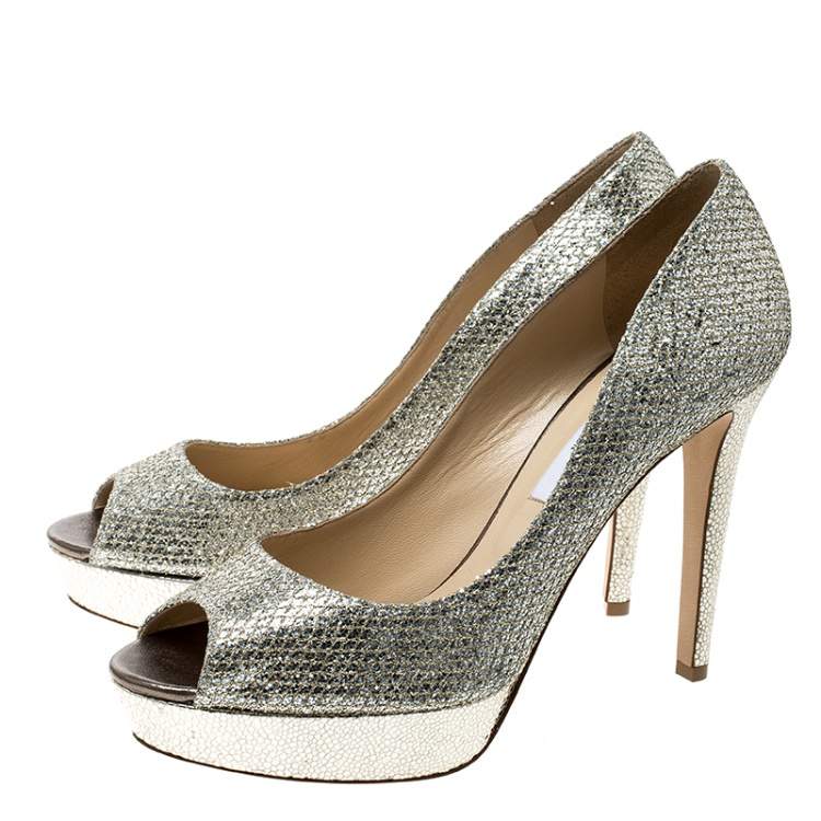 Pre Owned Jimmy Choo Metallic Champagne Lamè Glitter Fabric Dahlia Platform Peep Toe Pumps Size 41