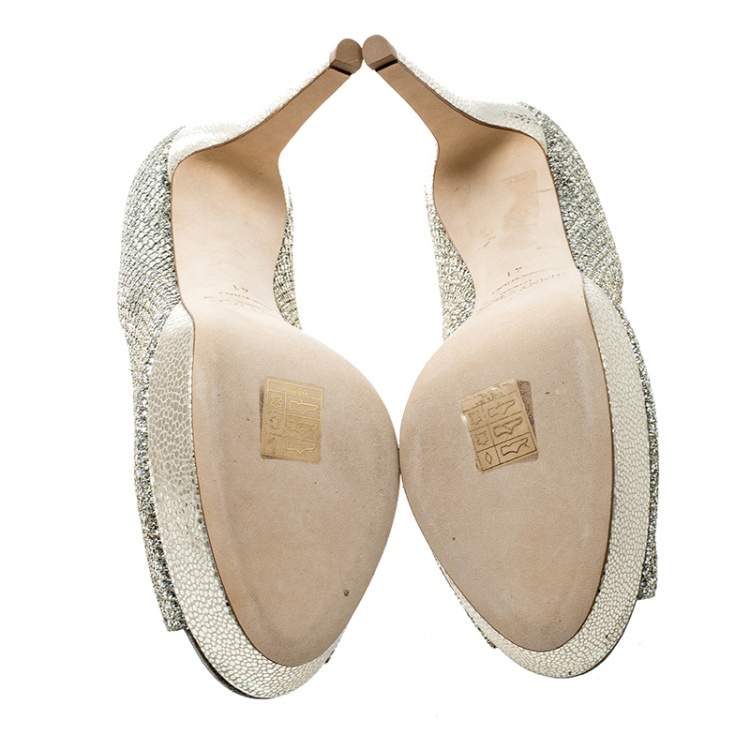 Pre Owned Jimmy Choo Metallic Champagne Lamè Glitter Fabric Dahlia Platform Peep Toe Pumps Size 41