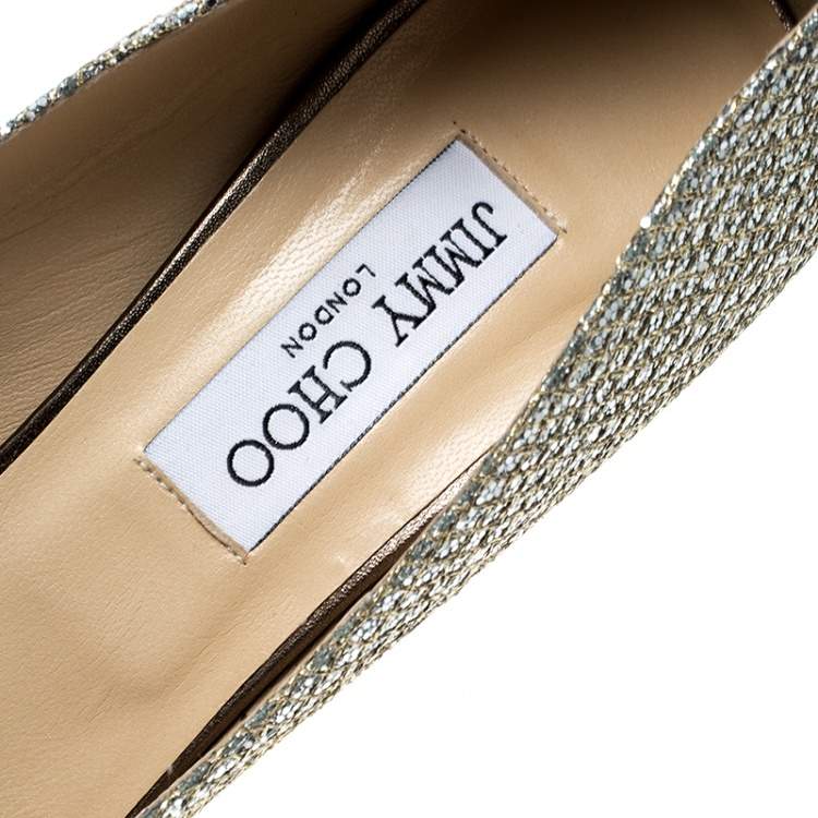 Pre Owned Jimmy Choo Metallic Champagne Lamè Glitter Fabric Dahlia Platform Peep Toe Pumps Size 41