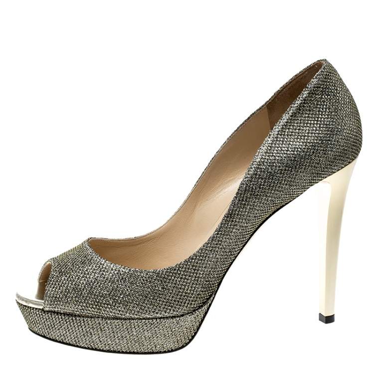 Pre Owned Jimmy Choo Metallic Gold Lamè Glitter Fabric Dahlia Platform Peep Toe Pumps Size 41