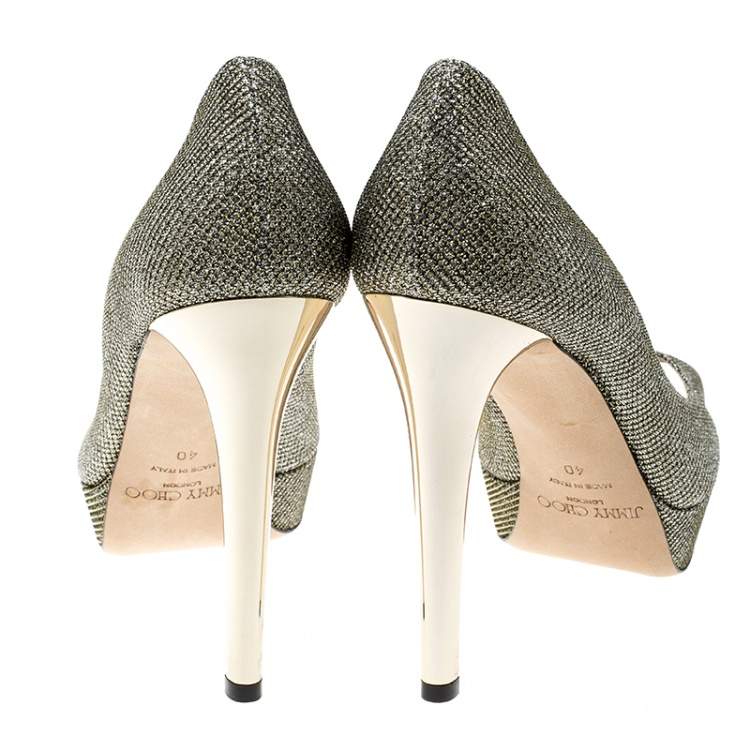Pre Owned Jimmy Choo Metallic Gold Lamè Glitter Fabric Dahlia Platform Peep Toe Pumps Size 41