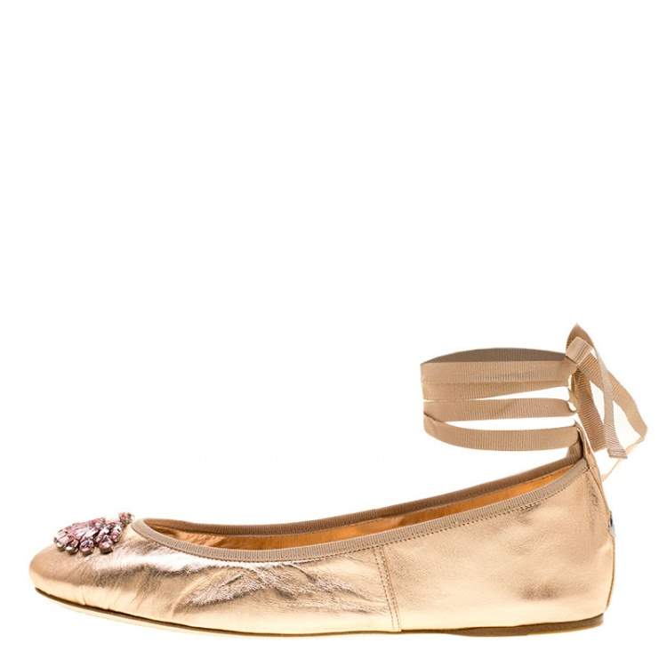 Pre Owned Jimmy Choo Metallic Rose Leather Grace Crystal Embellished Ankle Wrap Ballet Flats Size 41