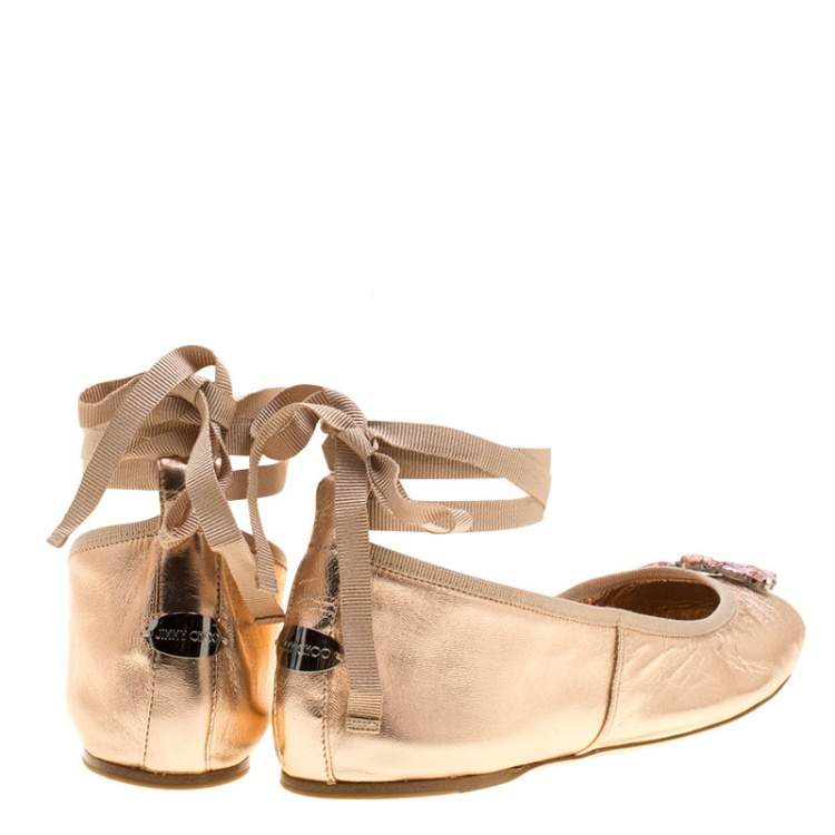Pre Owned Jimmy Choo Metallic Rose Leather Grace Crystal Embellished Ankle Wrap Ballet Flats Size 41