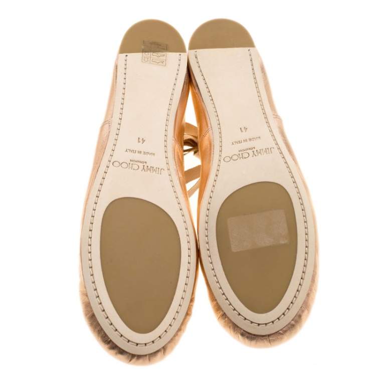 Pre Owned Jimmy Choo Metallic Rose Leather Grace Crystal Embellished Ankle Wrap Ballet Flats Size 41