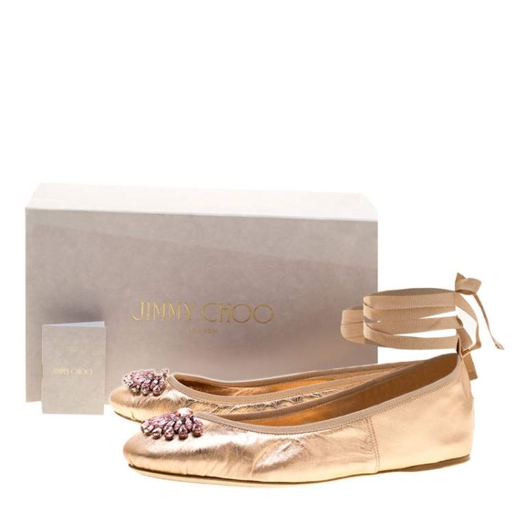Pre Owned Jimmy Choo Metallic Rose Leather Grace Crystal Embellished Ankle Wrap Ballet Flats Size 41