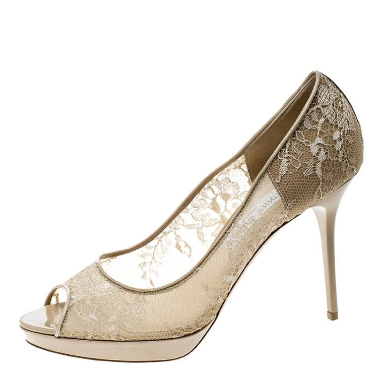 Pre Owned Jimmy Choo Beige Lace Luna Peep Toe Platform Pumps Size 40.5