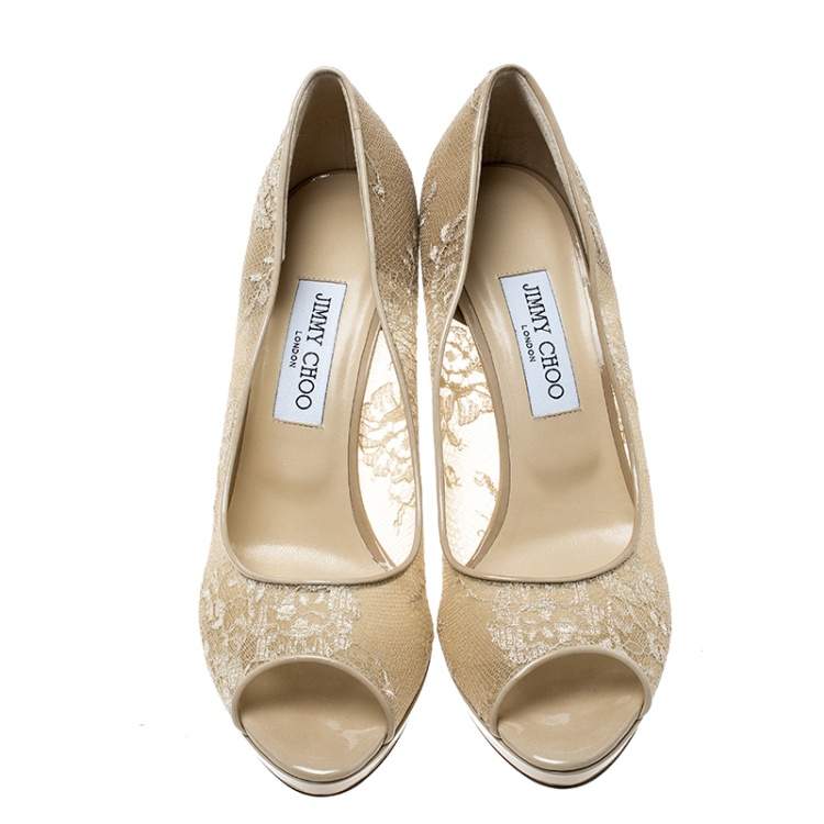 Pre Owned Jimmy Choo Beige Lace Luna Peep Toe Platform Pumps Size 40.5
