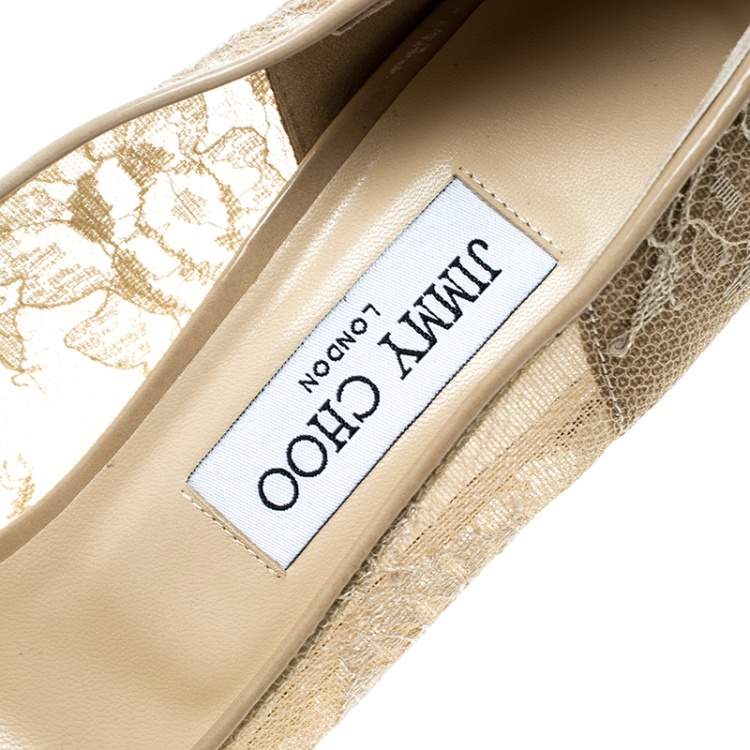 Pre Owned Jimmy Choo Beige Lace Luna Peep Toe Platform Pumps Size 40.5
