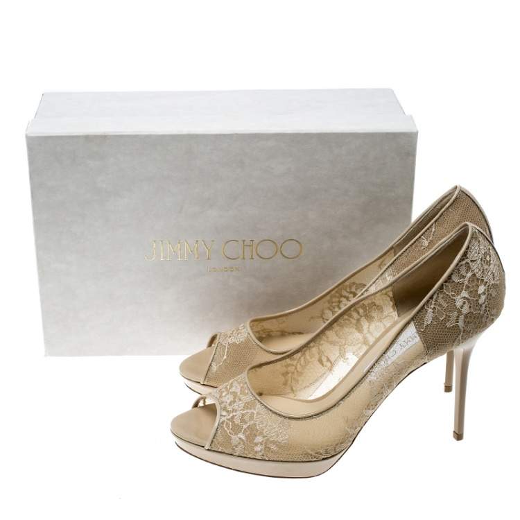 Pre Owned Jimmy Choo Beige Lace Luna Peep Toe Platform Pumps Size 40.5