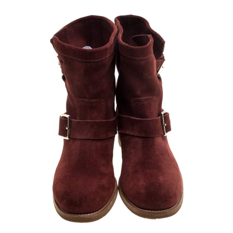 Pre Owned Jimmy Choo Brick Suede Youth Buckle Detail Biker Boots Size 37.5
