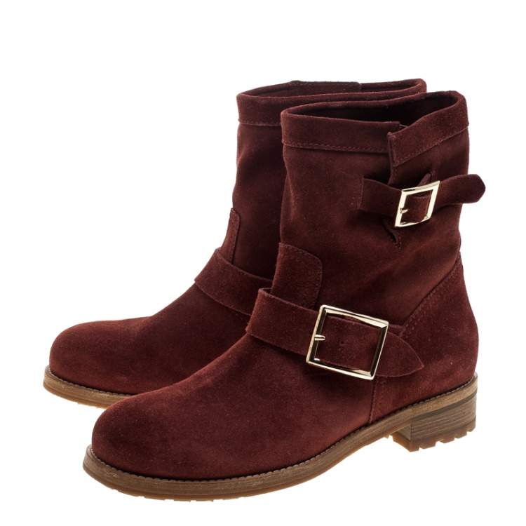 Pre Owned Jimmy Choo Brick Suede Youth Buckle Detail Biker Boots Size 37.5