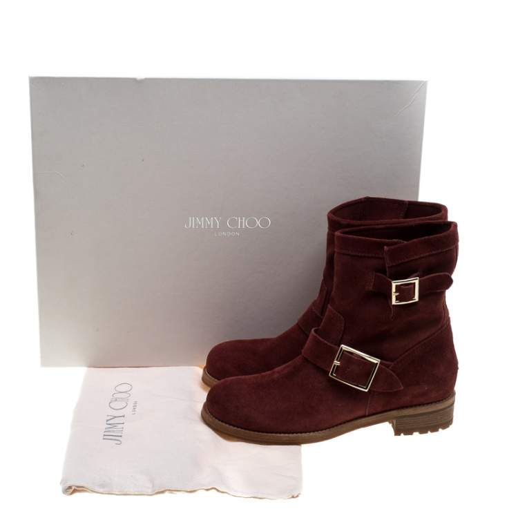 Pre Owned Jimmy Choo Brick Suede Youth Buckle Detail Biker Boots Size 37.5