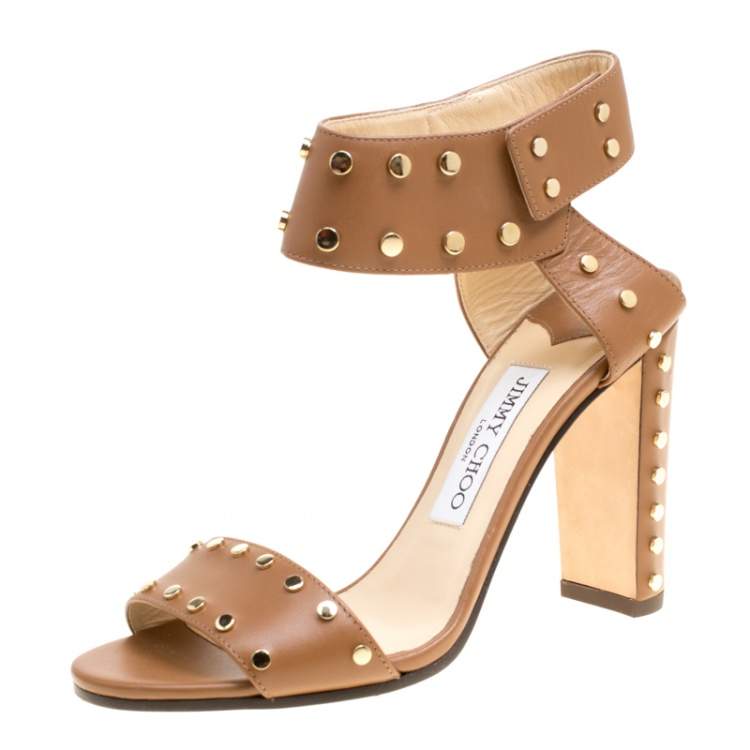 Jimmy Choo Brown Studded Leather Veto Ankle Strap Open Toe Sandals