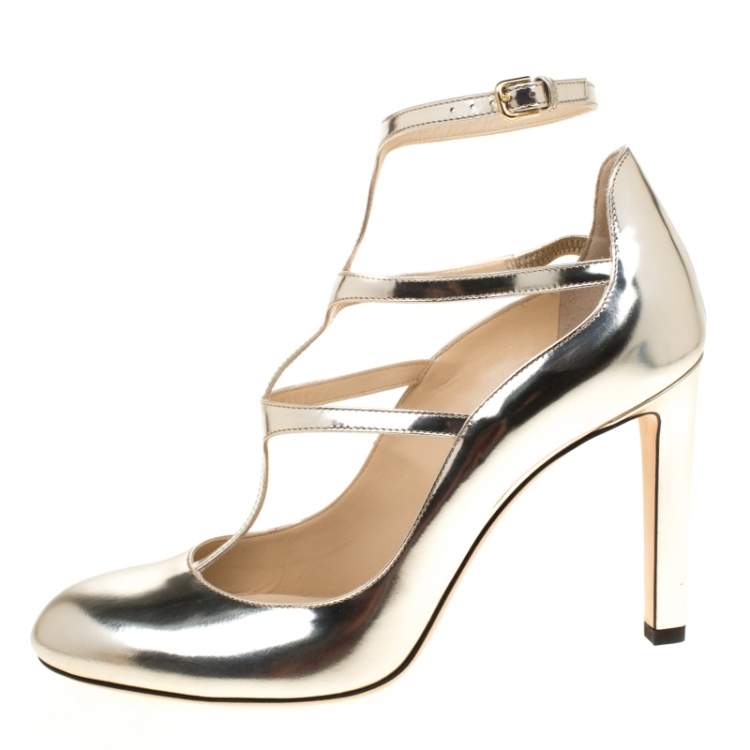 Pre Owned Jimmy Choo Metallic Gold Leather Doll Caged Round Toe Pumps Size 41