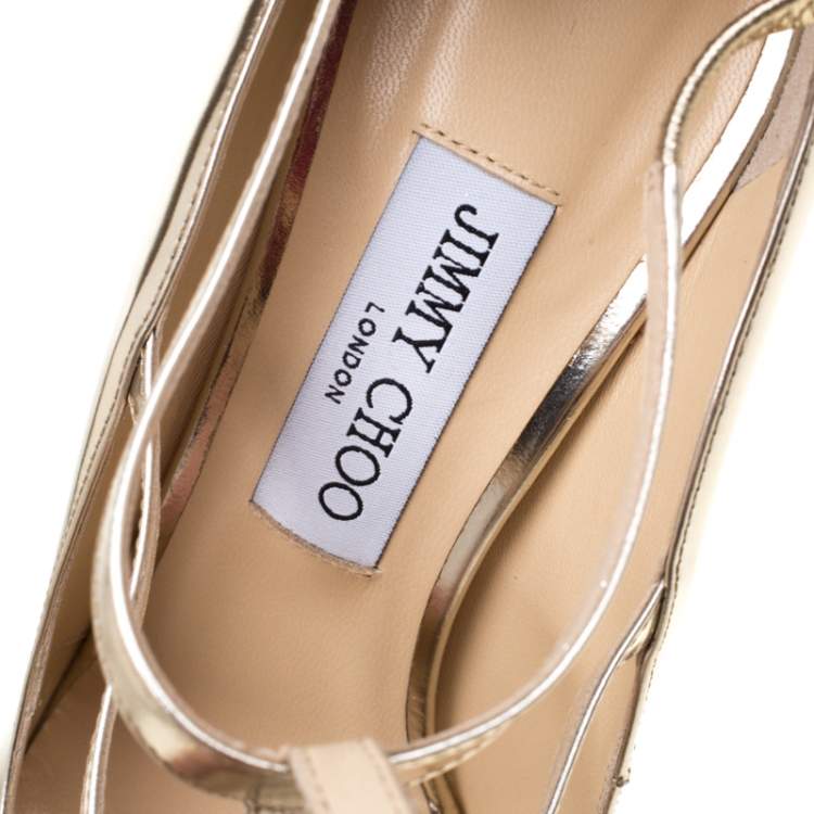 Pre Owned Jimmy Choo Metallic Gold Leather Doll Caged Round Toe Pumps Size 41