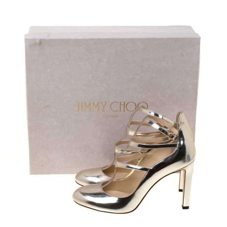 Pre Owned Jimmy Choo Metallic Gold Leather Doll Caged Round Toe Pumps Size 41