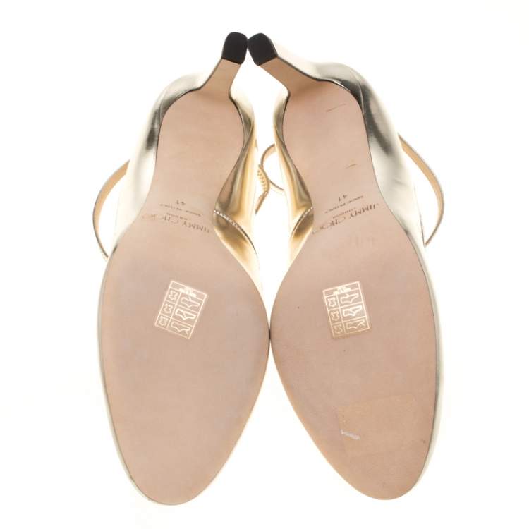Pre Owned Jimmy Choo Metallic Gold Leather Doll Caged Round Toe Pumps Size 41