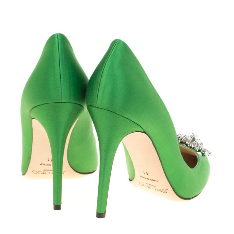 Pre Owned Jimmy Choo Exclusive Collection Apple Green Satin Manda Crystal Embellished Pointed Toe Pumps Size 41