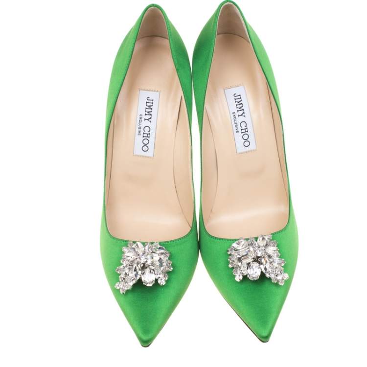 Pre Owned Jimmy Choo Exclusive Collection Apple Green Satin Manda Crystal Embellished Pointed Toe Pumps Size 41