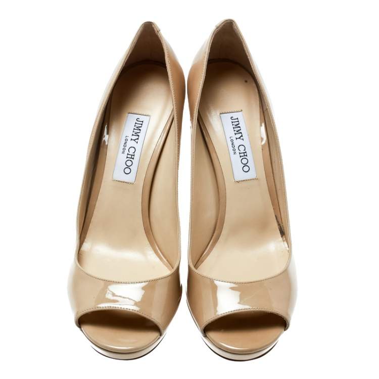 Pre Owned Jimmy Choo Beige Patent Leather Luna Peep Toe Platform Pumps Size 41