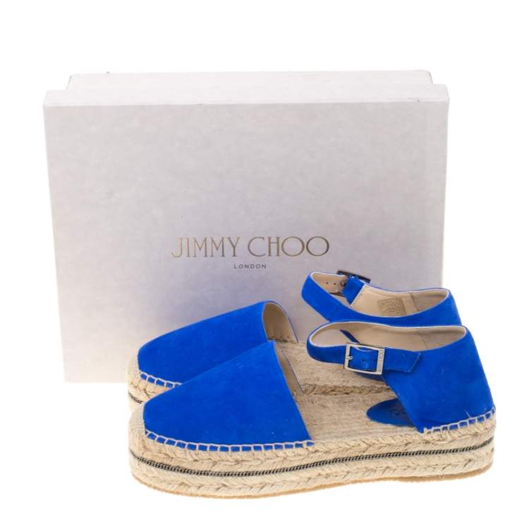 Pre Owned Jimmy Choo Cobalt Bllue Suede Delphine Ankle Strap Espadrille Platform Sandals Size 40