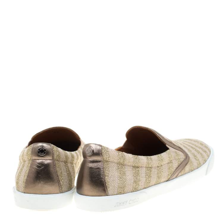 Pre Owned Jimmy Choo Beige/Metallic Gold Canvas With Glitter Stripes Demi Slip On Sneakers Size 41