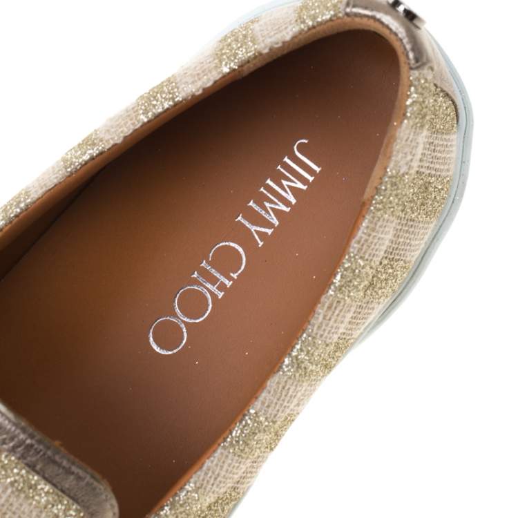 Pre Owned Jimmy Choo Beige/Metallic Gold Canvas With Glitter Stripes Demi Slip On Sneakers Size 41