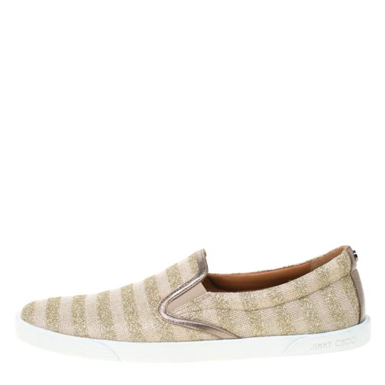 Pre Owned Jimmy Choo Beige/Metallic Gold Canvas With Glitter Stripes Demi Slip On Sneakers Size 41