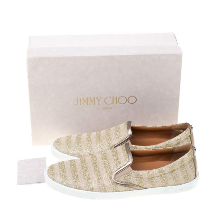 Pre Owned Jimmy Choo Beige/Metallic Gold Canvas With Glitter Stripes Demi Slip On Sneakers Size 41