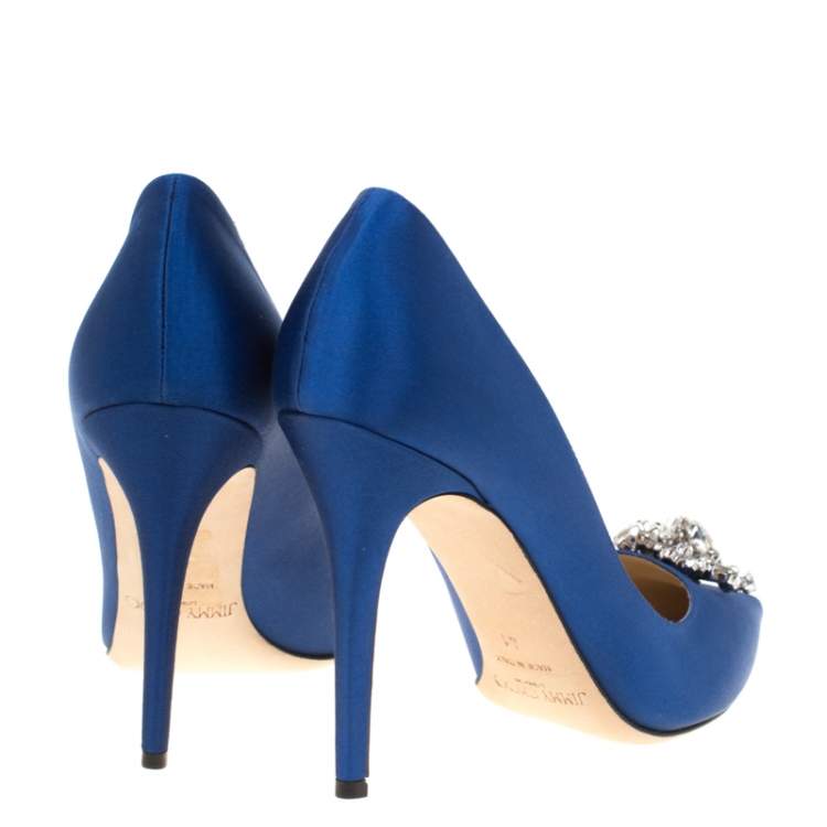 Pre Owned Jimmy Choo Exclusive Collection Electric Blue Satin Manda Crystal Embellished Pointed Toe Pumps Size 41