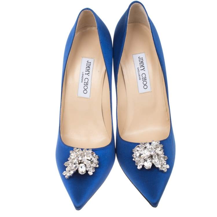 Pre Owned Jimmy Choo Exclusive Collection Electric Blue Satin Manda Crystal Embellished Pointed Toe Pumps Size 41