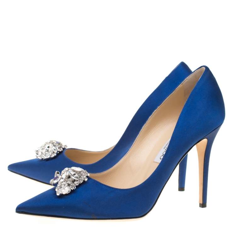 Pre Owned Jimmy Choo Exclusive Collection Electric Blue Satin Manda Crystal Embellished Pointed Toe Pumps Size 41