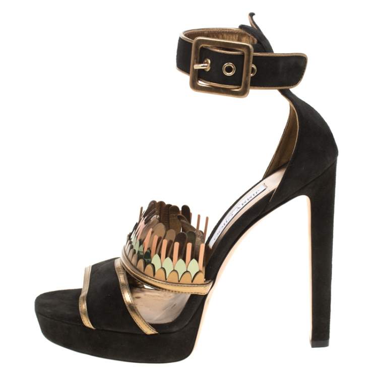 Pre Owned Jimmy Choo Black Suede Kathleen Peep Toe Ankle Cuff Sandals Size 40
