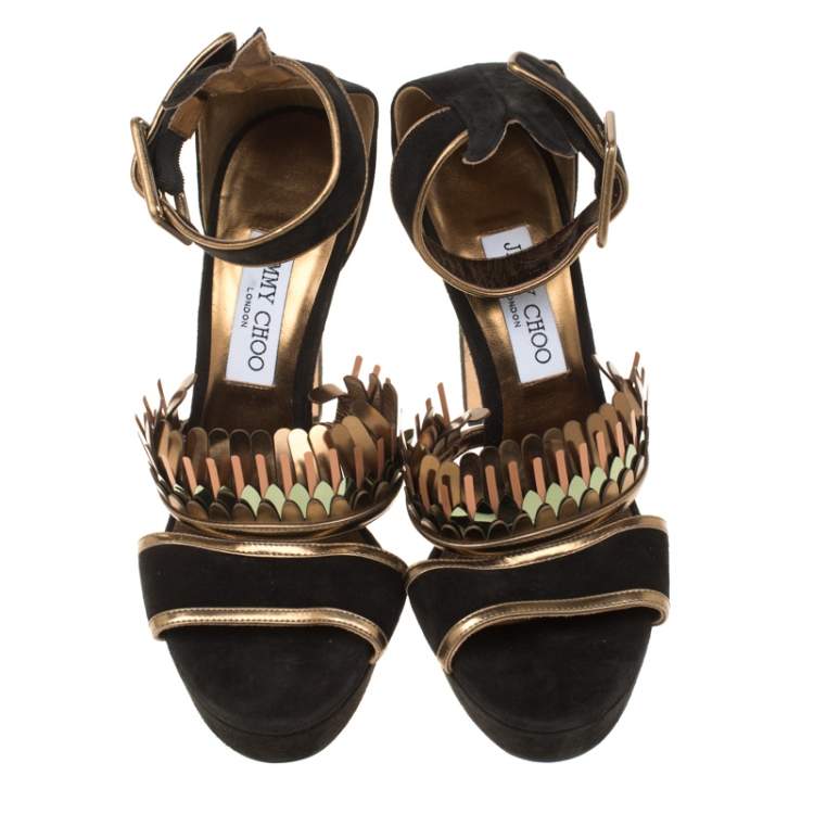 Pre Owned Jimmy Choo Black Suede Kathleen Peep Toe Ankle Cuff Sandals Size 40