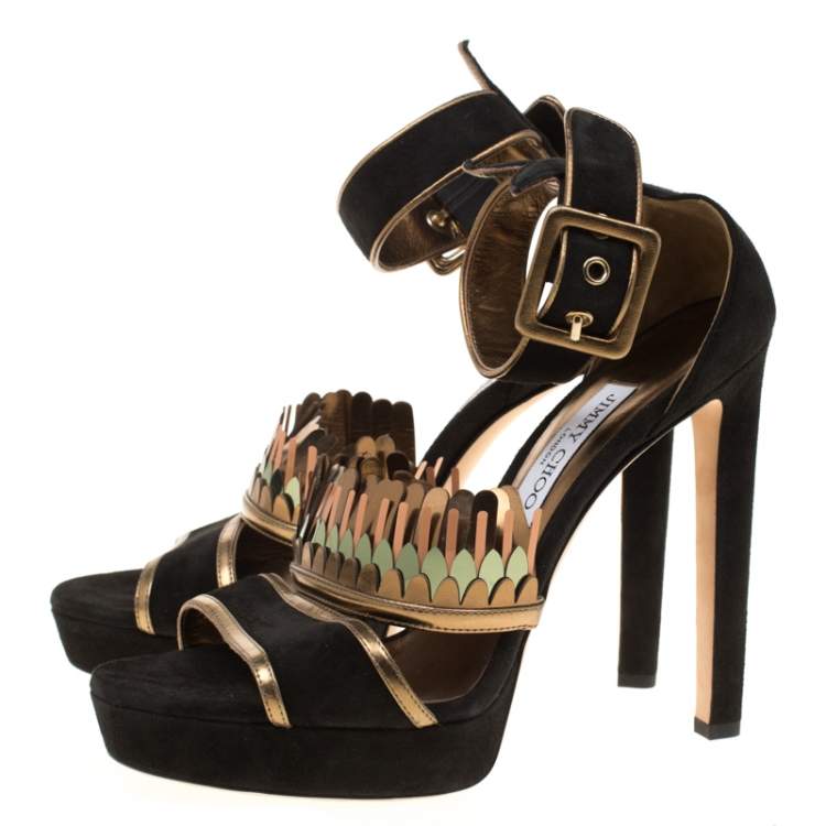 Pre Owned Jimmy Choo Black Suede Kathleen Peep Toe Ankle Cuff Sandals Size 40