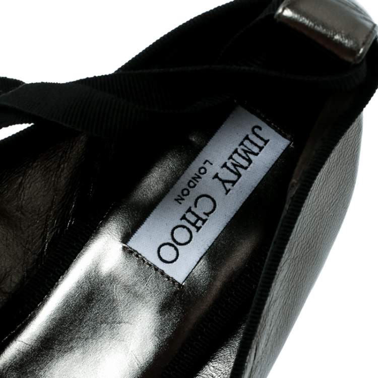 Pre Owned Jimmy Choo Metallic Grey Leather Grace Crystal Embellished Ankle Wrap Ballet Flats Size 40