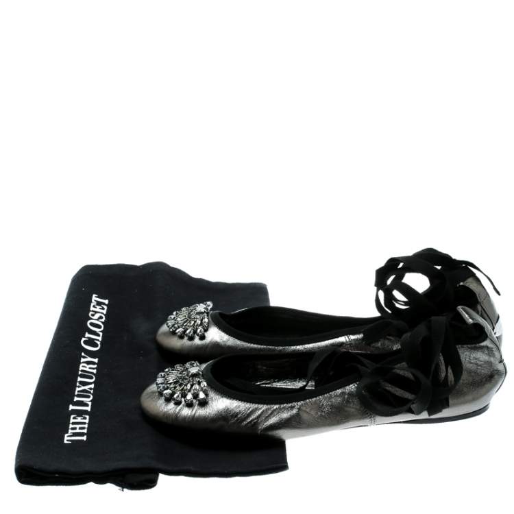 Pre Owned Jimmy Choo Metallic Grey Leather Grace Crystal Embellished Ankle Wrap Ballet Flats Size 40