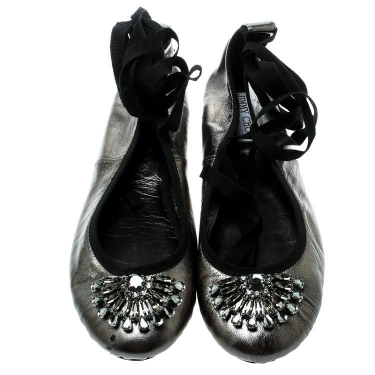 Pre Owned Jimmy Choo Metallic Grey Leather Grace Crystal Embellished Ankle Wrap Ballet Flats Size 40