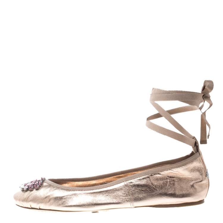 Pre Owned Jimmy Choo Metallic Rose Leather Grace Crystal Embellished Ankle Wrap Ballet Flats Size 41