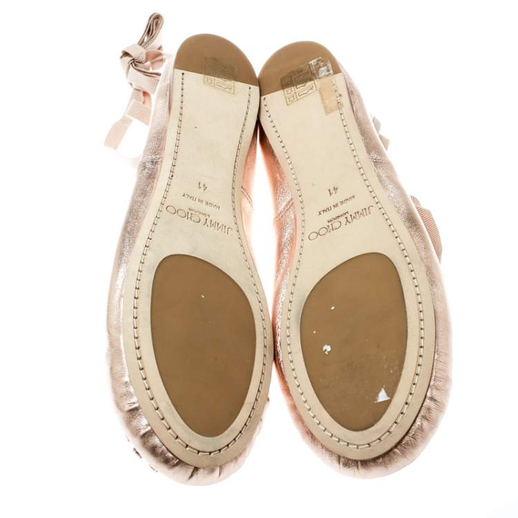 Pre Owned Jimmy Choo Metallic Rose Leather Grace Crystal Embellished Ankle Wrap Ballet Flats Size 41