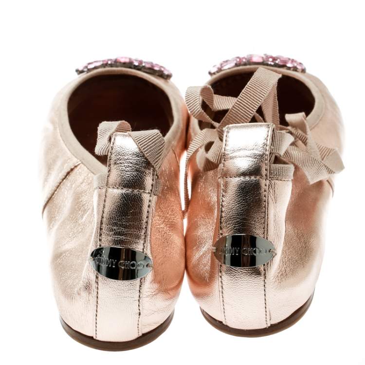 Pre Owned Jimmy Choo Metallic Rose Leather Grace Crystal Embellished Ankle Wrap Ballet Flats Size 41