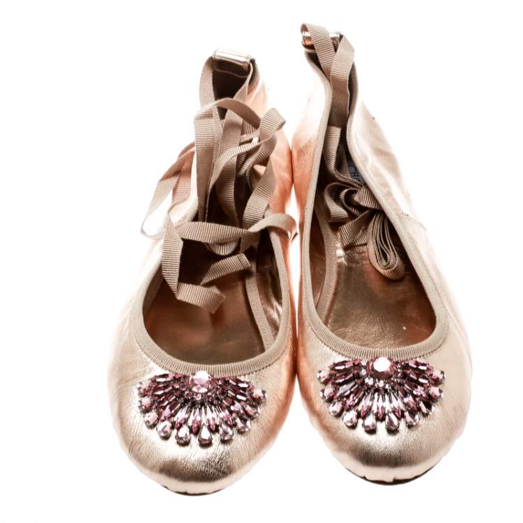 Pre Owned Jimmy Choo Metallic Rose Leather Grace Crystal Embellished Ankle Wrap Ballet Flats Size 41