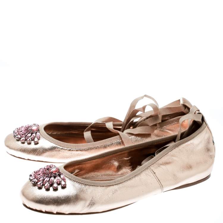Pre Owned Jimmy Choo Metallic Rose Leather Grace Crystal Embellished Ankle Wrap Ballet Flats Size 41