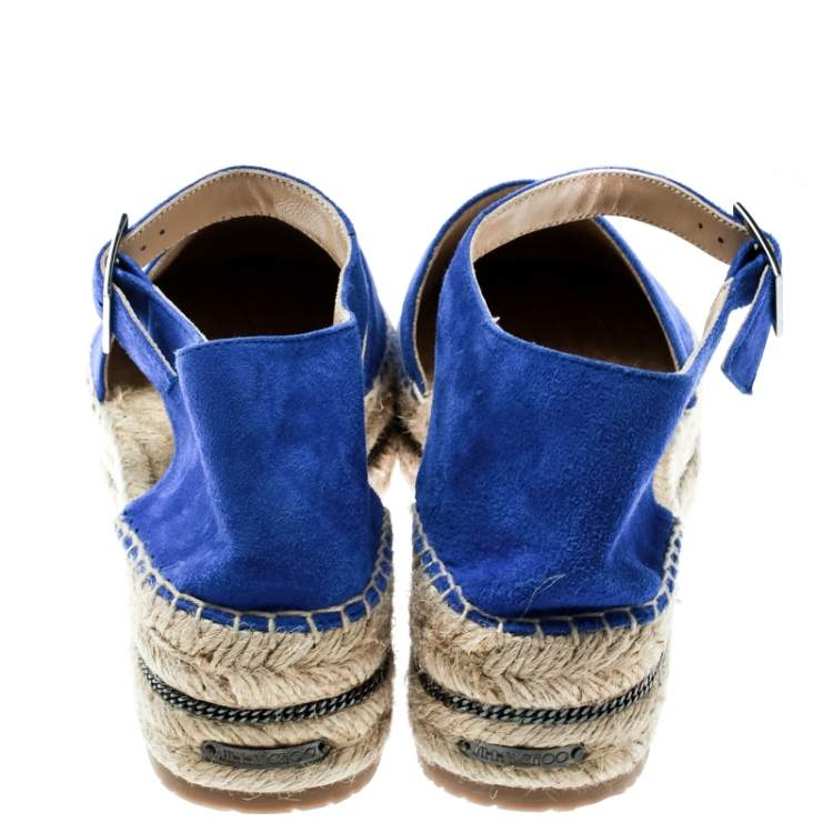 Pre Owned Jimmy Choo Cobalt Blue Suede Delphine Ankle Strap Espadrille Platform Sandals Size 40