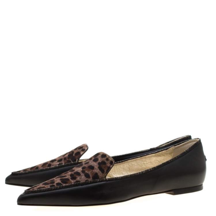 Pre Owned Jimmy Choo Black Leather And Brown Leopard Print Pony Hair Paloma Pointed Toe Flats Size 38
