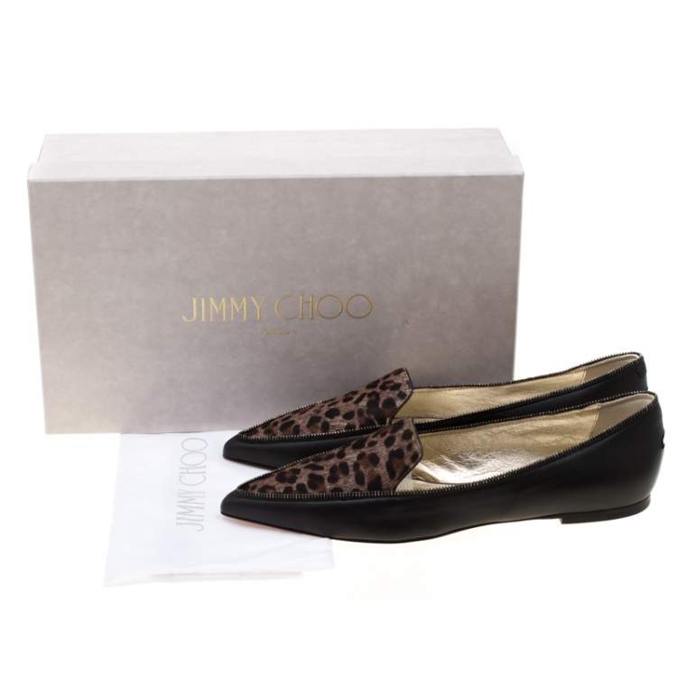 Pre Owned Jimmy Choo Black Leather And Brown Leopard Print Pony Hair Paloma Pointed Toe Flats Size 38
